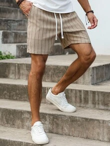 Manfinity Homme Plus Size Men's Casual Striped Print Drawstring Waist Slant Pocket Loose Shorts, Suitable For Daily Commute In Summer