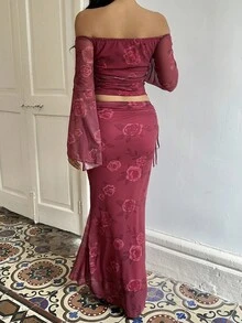 Sunnyshic Rose Pink Rose Print Sexy Sweet Vacation Style Off Shoulder Asymmetrical Sleeve Design Waist Ruched Women 2 Pieces Set - Hot Pink - View 2