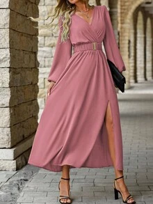EMERY ROSE Women's Casual Solid Color Surplice Neck Lantern Sleeve Elastic Waist High Slit Dress, Spring/Autumn - Dusty Pink - View 7
