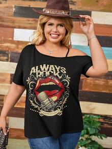 EMERY ROSE Plus Size Women Casual Minimalist Red Lip Graphic Asymmetrical Shoulder Short Sleeve T-Shirt, Suitable For Summer,Spring/Vacation - Black - View 1