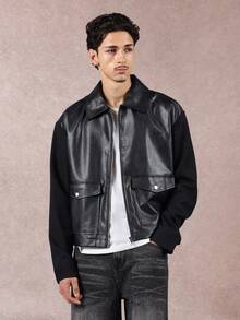 SUMWON 短款奢华双色皮革飞行员哈灵顿夹克，带前袋，高档休闲外套，街头风格，秋冬时尚 - 黑色 - 查看 1