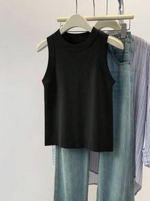 Women's Casual Solid Color Sleeveless Knit Top - Black - View 3