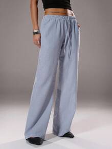 SHEIN Unity 蓝白条纹褶皱纹理低腰抽绳系带斜插袋直筒裤，超柔软舒适的休闲家居服，百搭可爱，适合女性，夏季 - 藏蓝色 - 查看 4