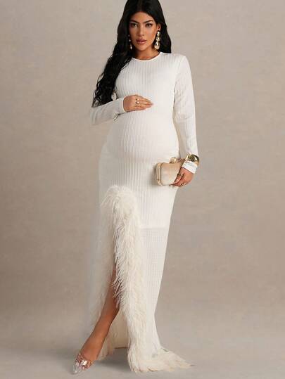 MaterniChic Maternity Solid Color Round Neck Long Sleeve Faux Fur Patchwork Slit Hem Fitted Elegant Dress Maternity White Dress Pregnancy Dress For Photoshoot White Feather Trim Maternity Dress White Fringe Dress Baby Shower Dress Maternity Elegant Wedding Party Dress White Ribbed Dress Maternity Long Sleeve Dress