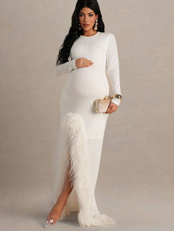 MaterniChic Maternity Solid Color Round Neck Long Sleeve Faux Fur Patchwork Slit Hem Fitted Elegant Dress Maternity White Dress Pregnancy Dress For Photoshoot White Feather Trim Maternity Dress White Fringe Dress Baby Shower Dress Maternity Elegant Wedding Party Dress White Ribbed Dress Maternity Long Sleeve Dress