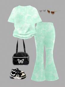 SHEIN 2pcs/Set Young Girl Casual Cartoon Rabbit Lulu, Stitch Pattern Tie-Dye Round Neck Short Sleeve T-Shirt And Flare Pants Outfit, Suitable For Summer, Autumn Tween Girl Clothes Pants Set Mermaid Pajamas Girls Tween Girl Matching Set Girls Bell Bottom Sets Teen Girl Pajamas Sets - Multicolor - View 2