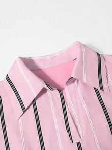 INAWLY 女式条纹落肩长袖部分纽扣休闲短款衬衫 - 淺粉色 - 查看 3