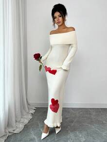 Selianne Autumn/Winter New Off Shoulder Ruffle Heart Intersect Knitted Slim Fit Long Sweater Dress For Women - Apricot - View 6