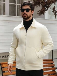 Manfinity Homme Men's Solid Color Long Sleeve Zip-Up Casual Loose Jacket , Fall - White - View 7