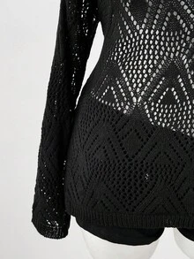 Sweetra Nuevo suéter versátil de cuello alto, hueco, punk, retro de manga larga - Negro - Ver 6