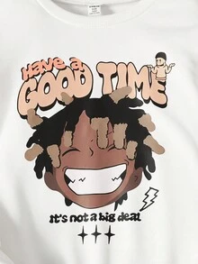 青少年男孩运动衫套装，新款秋冬脸部图案印花圆领运动衫搭配米色抽绳工装裤，休闲可爱的返校装 - 杏色 - 查看 5