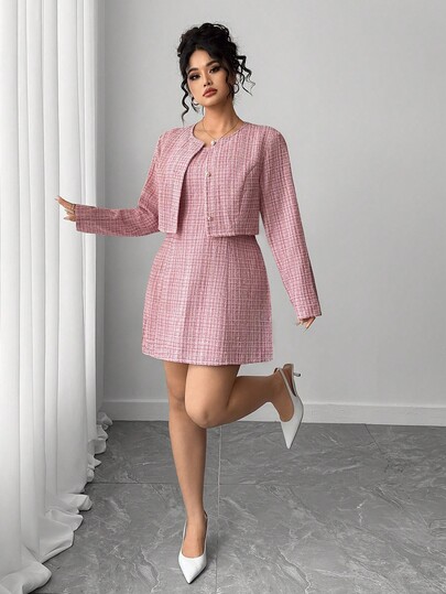 Elenzga Conjunto de 2 piezas de chaqueta corta de frente abierto minimalista y vestido sin mangas minimalista de tweed para mujer de talla grande, elegante y lujoso para vacaciones y uso casual en la oficina