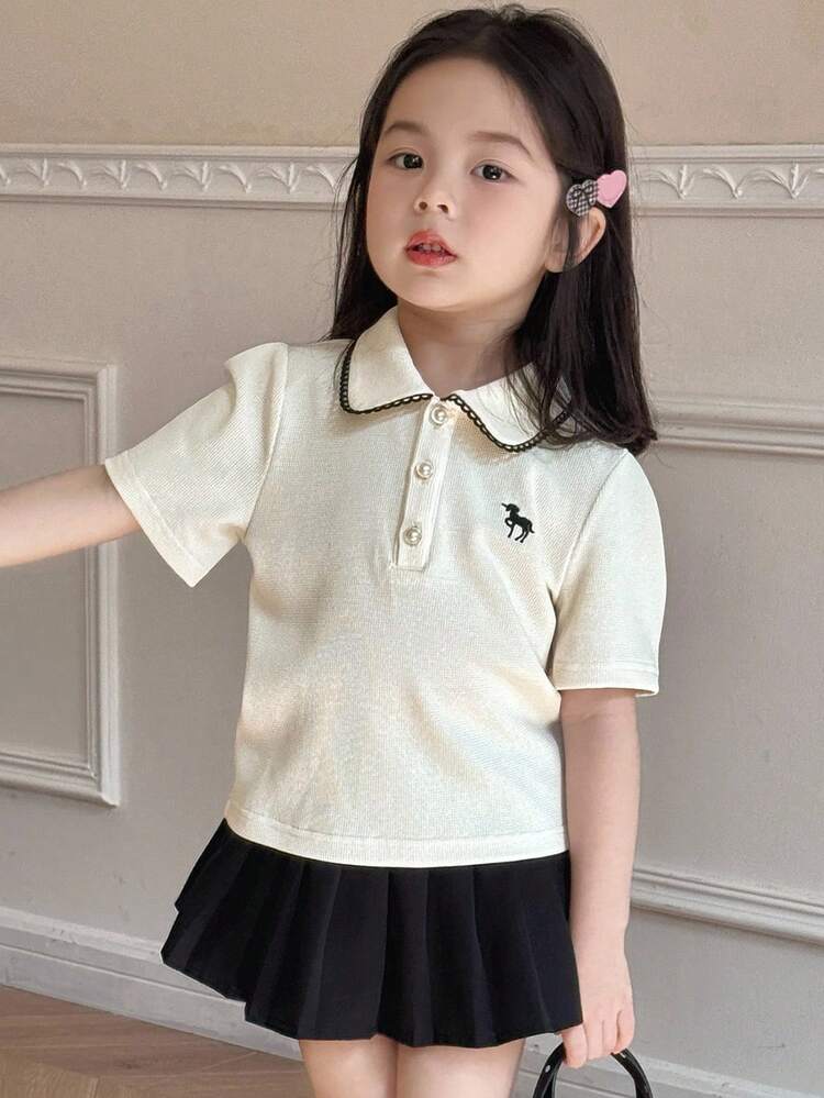 Young Girl Embroidery Detail Polo Collar Short Sleeve Casual T-Shirt, Summer