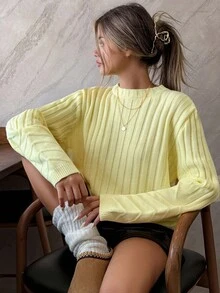 EURMUSE Women Sweater Pullover Butter Yellow Yellow Ribbed Sweater Ribbed Shirt Yellow Sweater Women Yellow Top Butter Yellow Top,Jumper,Cream Jumper,Jumpers,Christmas Jumper,White Jumper,Black Jumper,Ladies Jumper,Women's Jumpers - Yellow - View 2