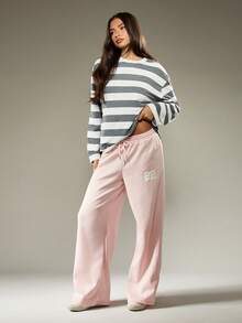 MISSGUIDED 阔腿运动裤休闲家居服高腰宽松版型数字标志冬季舒适裤抽绳松紧腰舒适家居日常穿着 - 粉色 - 查看 5