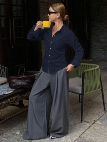 DAZY 女款素色收腰長袖休閒復古優雅襯衫，秋季商務休閒女式襯衫校園風 - 藏蓝色 - 查看 3