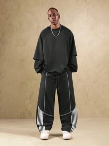 SUMWON Pantalones de chándal con detalles de rayas de contraste en los paneles laterales, fondo deportivo clásico de pierna ancha con cordón, bolsillos laterales, ropa urbana y deportiva de otoño e invierno, estilo moderno de ocio activo - Negro - Ver 2