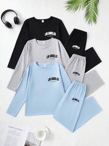 6pcs Tween Boys Casual Comfortable Pajama Set, Includes Long Sleeve Top With Fashionable Letter Print And Solid Color Relaxed Fit Pants Fall Winter - Multicolor - View 4