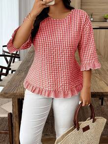 Weeklong Plus Size Women Casual Plaid Ruffle Trim 3/4 Sleeve Shirt - Red - View 3