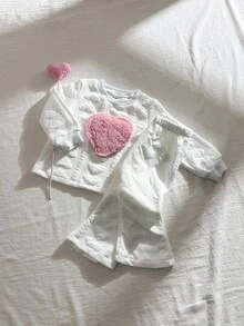 SHEIN 2 件套女婴时尚可爱 3D 心形装饰长袖上衣和裤子套装，适合秋冬季日常穿着 - 白色 - 查看 6