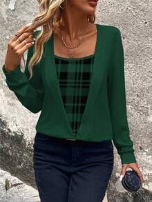 EMERY ROSE Sudadera casual de mujer con mangas largas y parches a cuadros - Verde Oscuro - Ver 6