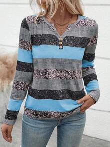 EMERY ROSE 女士休闲 V 领长袖条纹纽扣 T 恤，随机印花，秋季图案 T 恤女士春季上衣 - 彩色 - 查看 6