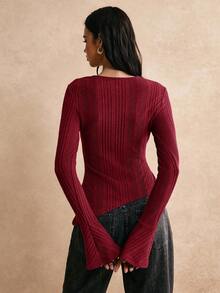 Poéselle Lässiges asymmetrisches Hals Einfarbig geripptes Langarm Slim Fit T-Shirt für Herbst und Winter, weiches Nadelstreifen Strick Oberteil, Skinny Stretch T-Shirt, mühelos schickes Essentiell, FW24, Herbst Damen