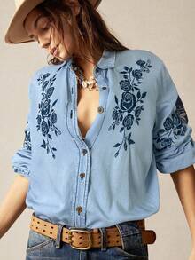 Bohemela Áo sơ mi nữ tay dài cổ bẻ thêu denim màu trơn đơn giản thoải mái - Màu xanh nhạt - Xem 3