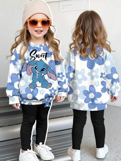 SHEIN 卡哇伊卡通蓝色兔子露露和史迪奇图案，蓝色渐变花卉，女婴柔软厚针织圆领长袖运动衫和紧身裤套装，适合秋冬季，度假氛围，阳光之旅，春季休闲装，夏季度假，家庭时光，可爱的Y2K椰子女孩波西米亚假期春假早午餐准备宝贝蓝色女孩之旅，霓虹海滩氛围，波西米亚嬉皮音乐节
