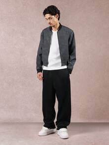 SUMWON Crop Fit Premium Faux Suede Bomber Jacket With Ribbed Collar Classic Modern Design Zip Front Casual Streetwear Fall Winter - Black - View 7