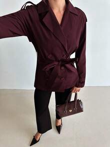 Firerie Women's Burgundy Lapel Long-Sleeved Double-Breasted Casual Trench Coat, Autumn And Winter Coat / Intellectual And Elegant Female / Daily Outing / Commuting Wear / Business Negotiations / Airport Wear,Fall - Burgundy - View 8