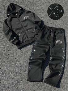 PAVTROS Manfinity Streetrush Men's Autumn Rhinestone Embellished Zip Front Hoodie And Sweatpants Casual Tracksuit Set - Black - View 3