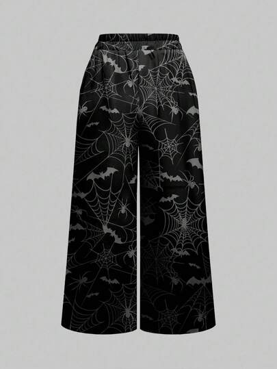 Goth Pantalones de pierna ancha y larga con estampado de telaraña de murciélago de bosque oscuro para mujeres, tema misterioso de terror de Halloween