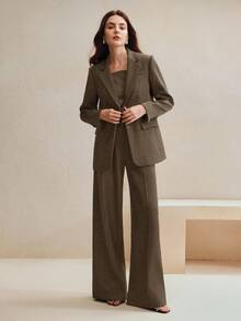 Anewsta 2 件女士优雅梅拉德色西装套装：西装外套 + 直筒裤，适合秋季、外出、正式、派对、时尚、新年、圣诞节、工作、毕业、婚礼 - 棕色 - 查看 5