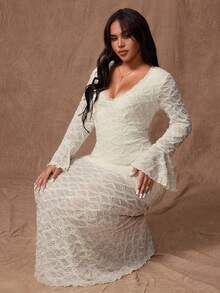 Rustia Plus Size Women's Elegant Lace Patchwork Flare Sleeve Long Dress, Patchwork Ruffle Hem Mermaid Fitted Dress, Autumn/Winter Fall Cloth For Women - Apricot - View 3