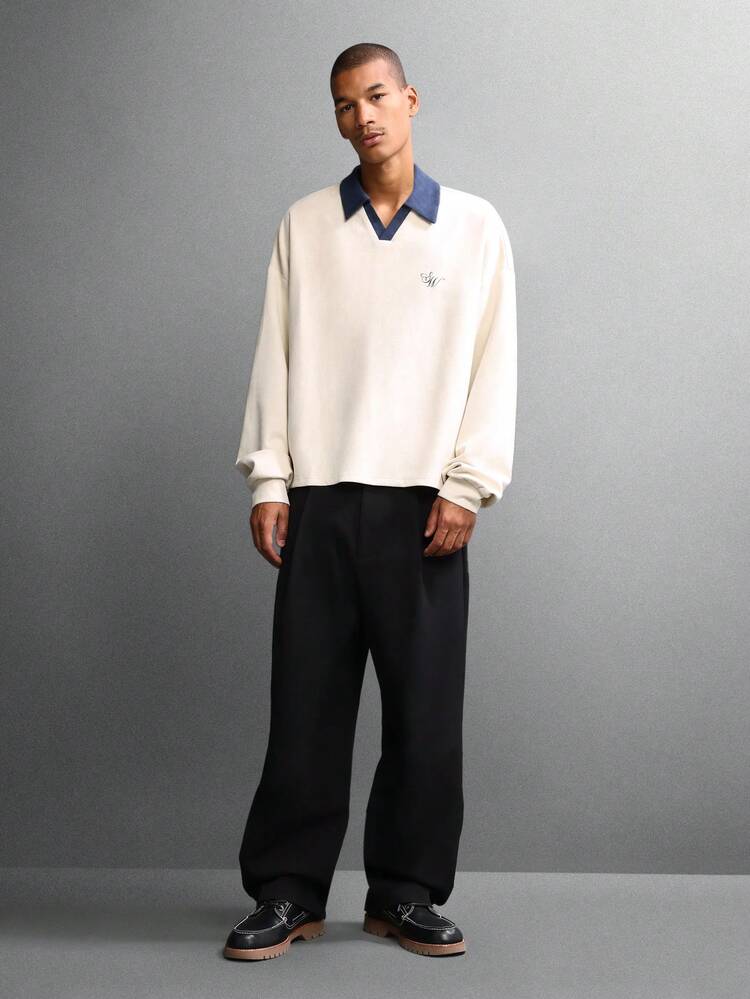 Regular Fit Long Sleeve Suede Polo With Contrast Collar