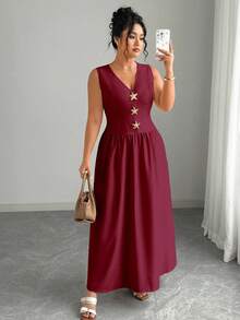 Elenzga Vestido maxi de mujer talla grande de unicolor con cuello en V sin mangas, decorado con broche de estrella de mar en la cintura, elegante y sofisticado - Burdeos - Ver 1