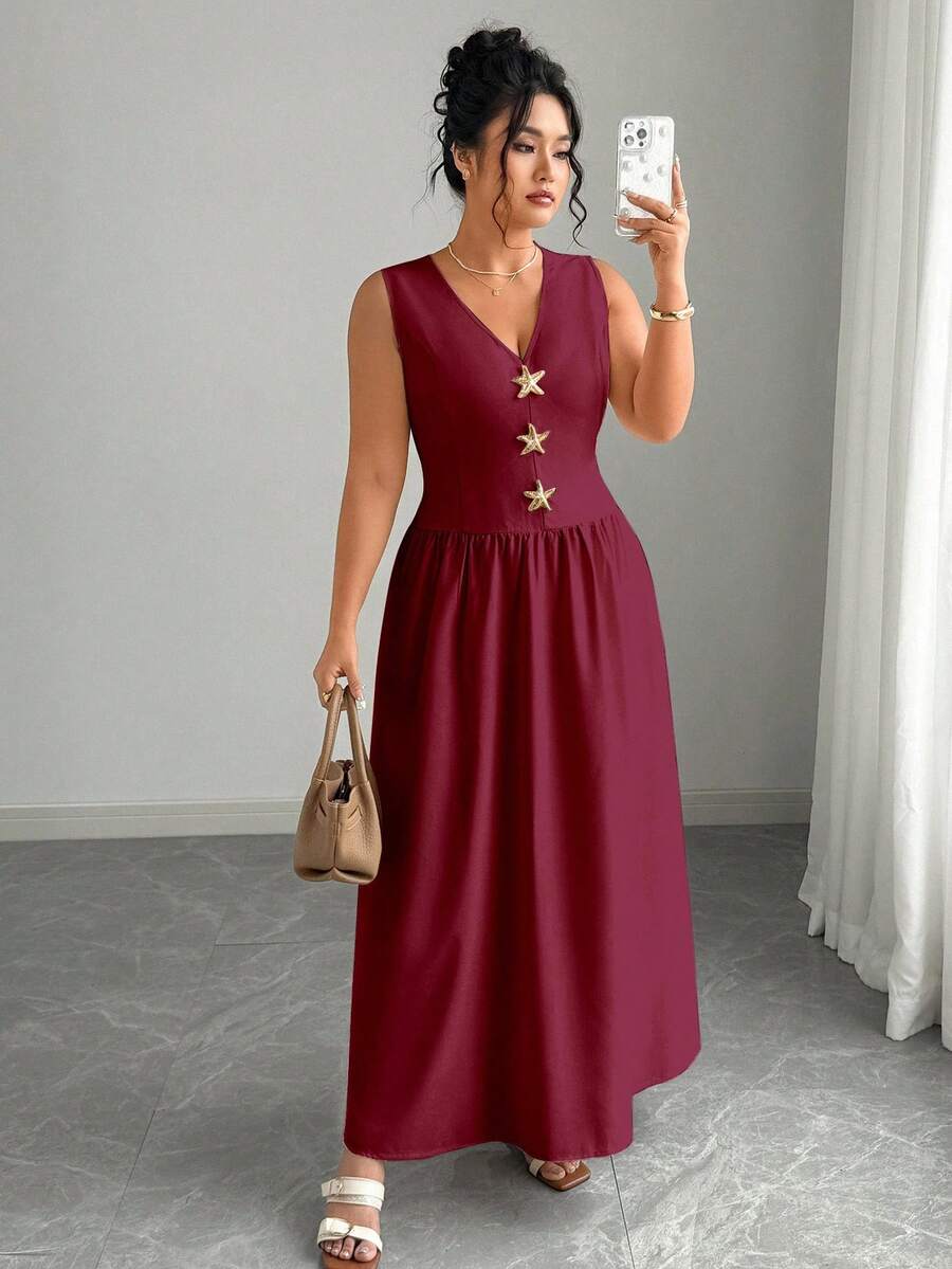 Elenzga Vestido maxi de mujer talla grande de unicolor con cuello en V sin mangas, decorado con broche de estrella de mar en la cintura, elegante y sofisticado - Burdeos - Ver 1