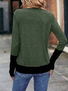 EMERY ROSE Áo thun nữ tay dài cổ tròn phối màu, kiểu dáng thường ngày, thích hợp cho mùa thu xuân hè. - xanh quân đội - Xem 2