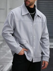 Manfinity Homme Plus Size Men's Casual Solid Color Button-Up Loose Overcoat, Light Grey , Fall/Winter