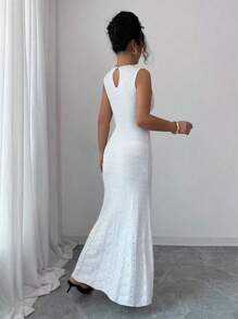 Elenzga Elegant Cream White Sleeveless Pearl Decor Round Neck Wedding Guest Dress, Autumn - White - View 2