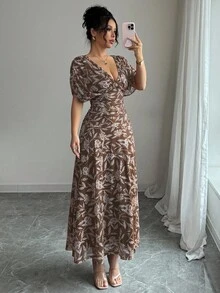 Elenzga Váy maxi chữ A dáng dài cổ chữ V buông vai thanh lịch kiểu Pháp dành cho nữ, thích hợp đi biển, tiệc trà chiều, tiệc tùng - Màu nâu Sô-cô-la - Xem 3