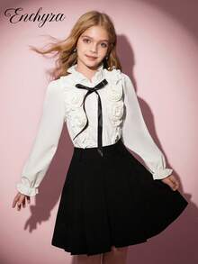 青少年女孩休闲优雅白衬衫，长袖玫瑰 3D 花朵修身短上衣，春夏秋季 - 白色 - 查看 7