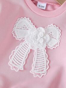 2 件女婴甜美可爱蝴蝶结拼接圆领荷叶边长袖上衣和阔腿裤卫衣套装，舒适休闲，春秋 - 淺粉色 - 查看 8