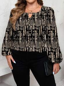 SHEIN LUNE 加大锁孔领口灯笼袖绿色上衣