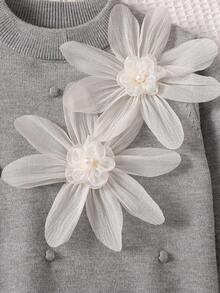 女童甜美灰色毛衣套装 - 精致手工3D花朵，宽松百搭，长袖针织套头衫+长裤两件套，可爱时尚，秋冬毛衣套装，女童针织套装，女童针织毛衣裤套装，女童两件套服装，女童秋季服装 - 灰色 - 查看 5