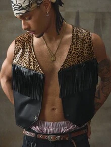AXEPEAK Men's Leopard Print Patchwork Fringe Design Fashionable Vest, Fall Winter - Multicolor - View 5
