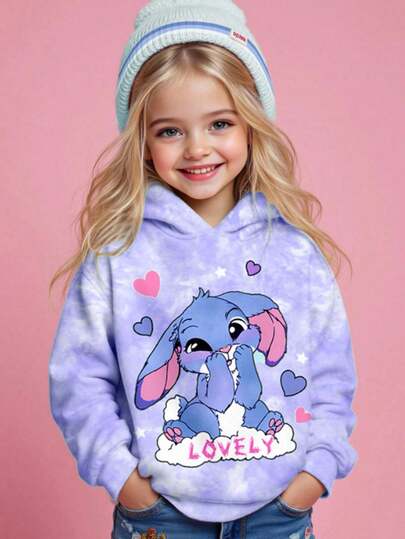 SHEIN Sudadera con capucha de uso diario cómoda y holgada con estampado de conejo azul de dibujos animados y efecto tie-dye morado, adecuada para otoño/invierno, salidas de otoño, comodidad, capas de otoño, estilo, uso casual, gráfico, vuelta al colegio, otoño, homecoming, sudadera con capucha linda