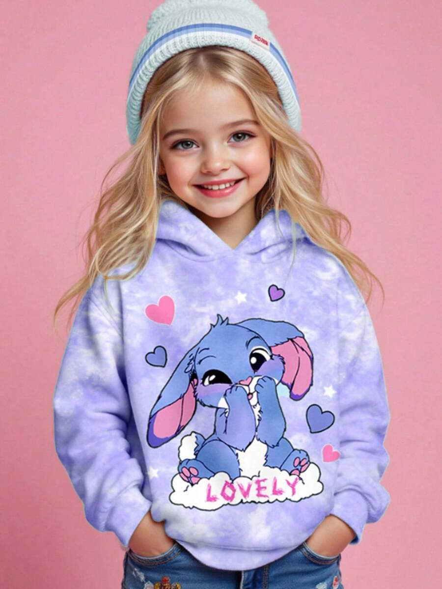 SHEIN Áo nỉ dài tay có mũ, dáng rộng, thoải mái, họa tiết thỏ xanh hoạt hình dễ thương dành cho bé gái, nhuộm màu tím tươi tắn, thích hợp mặc hàng ngày, phù hợp cho mùa thu/đông, đi chơi mùa thu, dễ chịu, mặc nhiều lớp mùa thu, thời trang, mặc thường ngày, họa tiết đồ họa, đi học, mùa thu, áo nỉ có mũ dễ thương cho lễ hội trường. - Nhiều màu - Xem 1