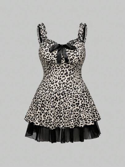 J-Fashion Abito con vita stretta a stampa leopardata in stile retrò Y2K, taglie comode